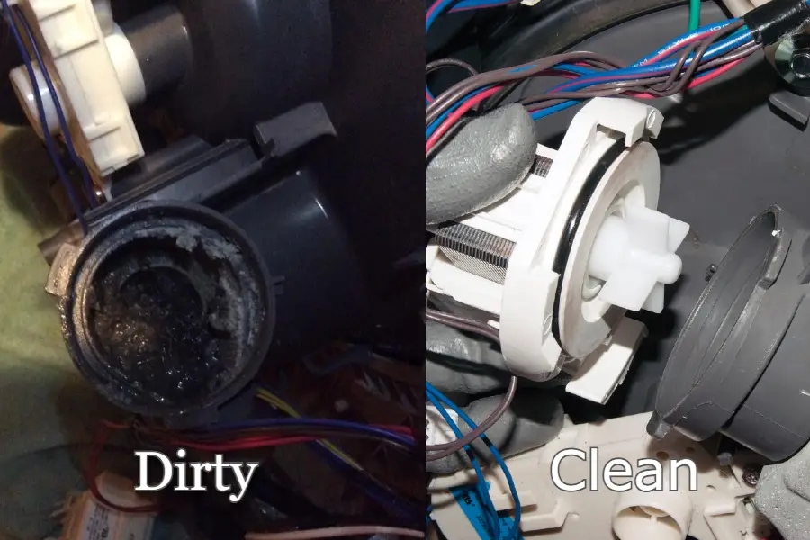 Photos of the clogged pump with debris inside and after cleaning.