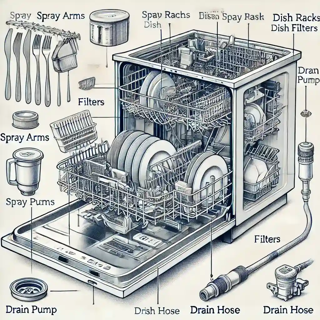 Dishwasher diagram showing location of drain pump and hose