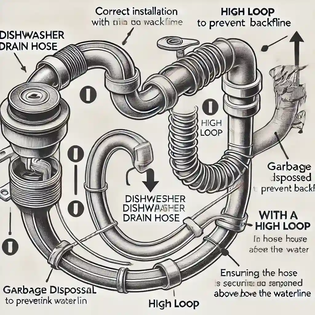 Illustration of the correct installation of the drain hose.