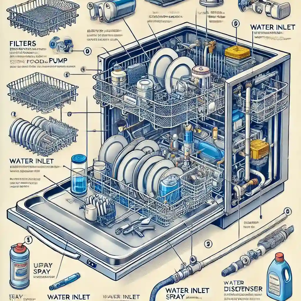 Dishwasher diagram showing the main components (filters, pump, hose).