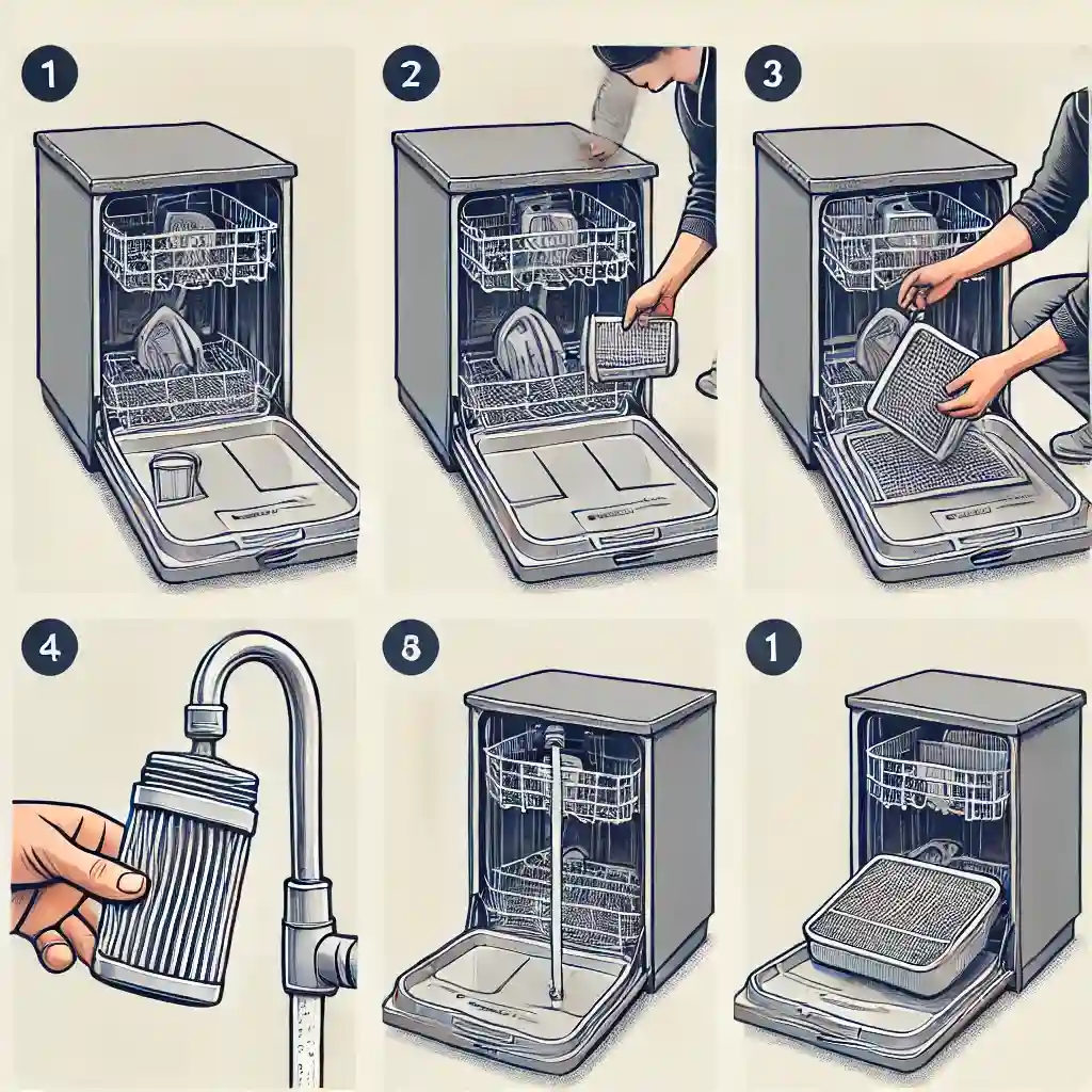 Photos illustrating the various steps such as cleaning the filters and checking the drain hose.