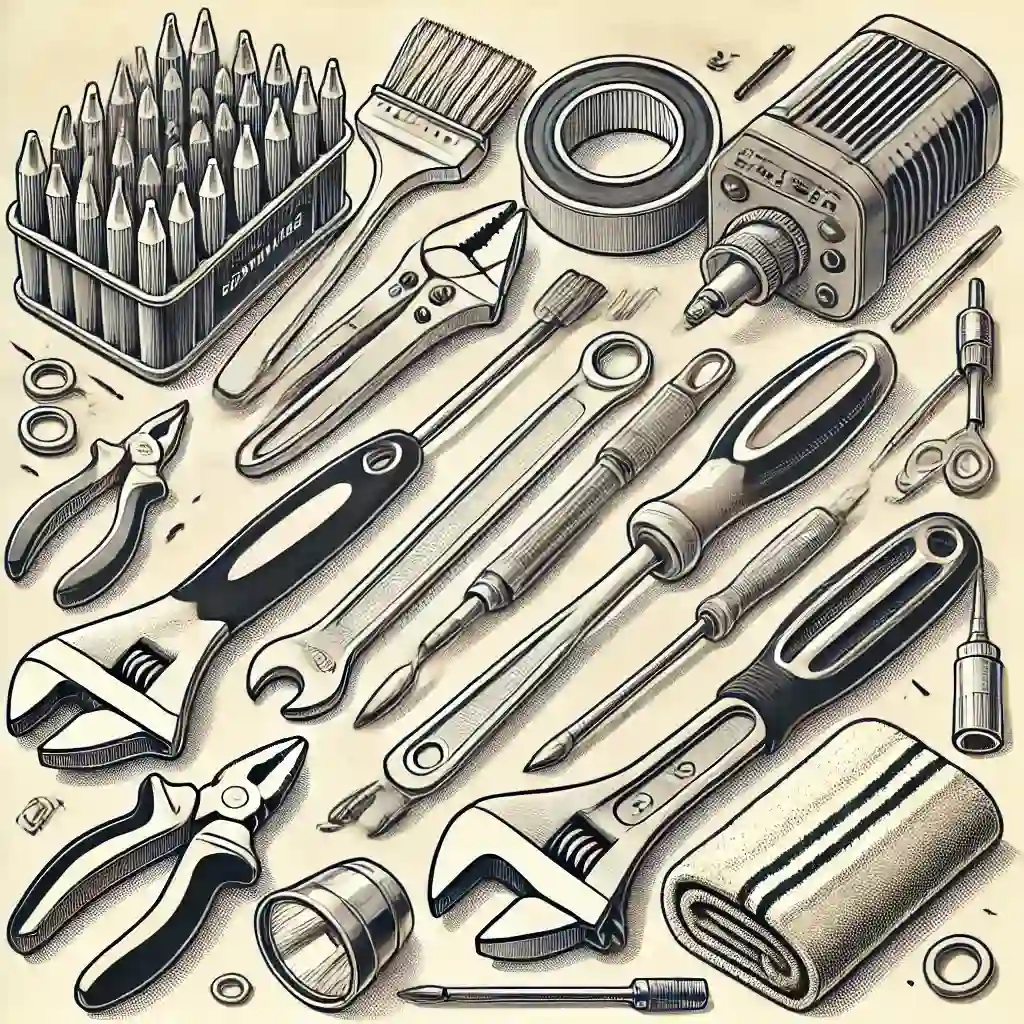 Depiction of tools needed for self-repair (e.g., wrenches, cleaning brushes).