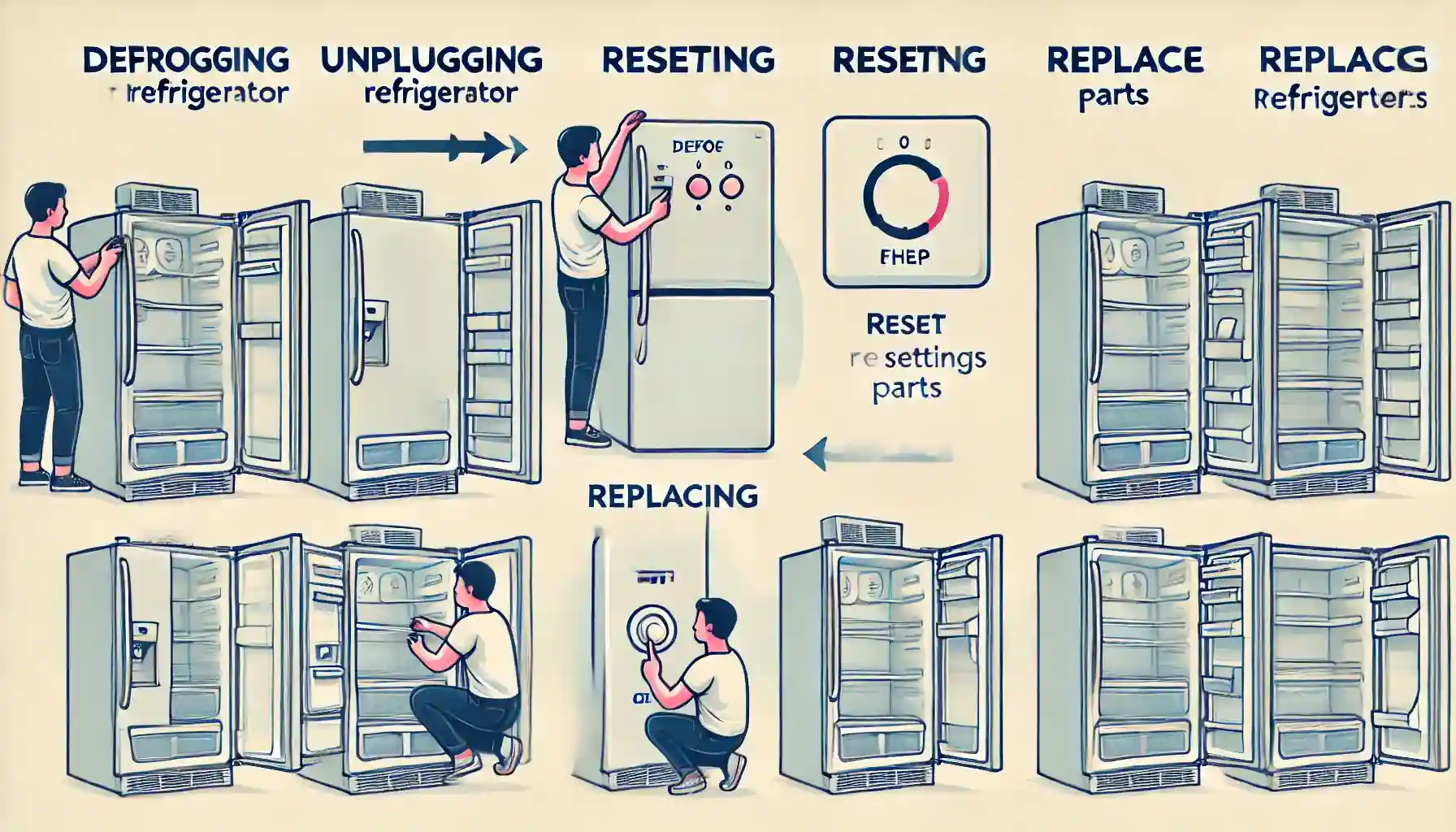 Step-by-step instructions for defrosting, resetting and replacing parts