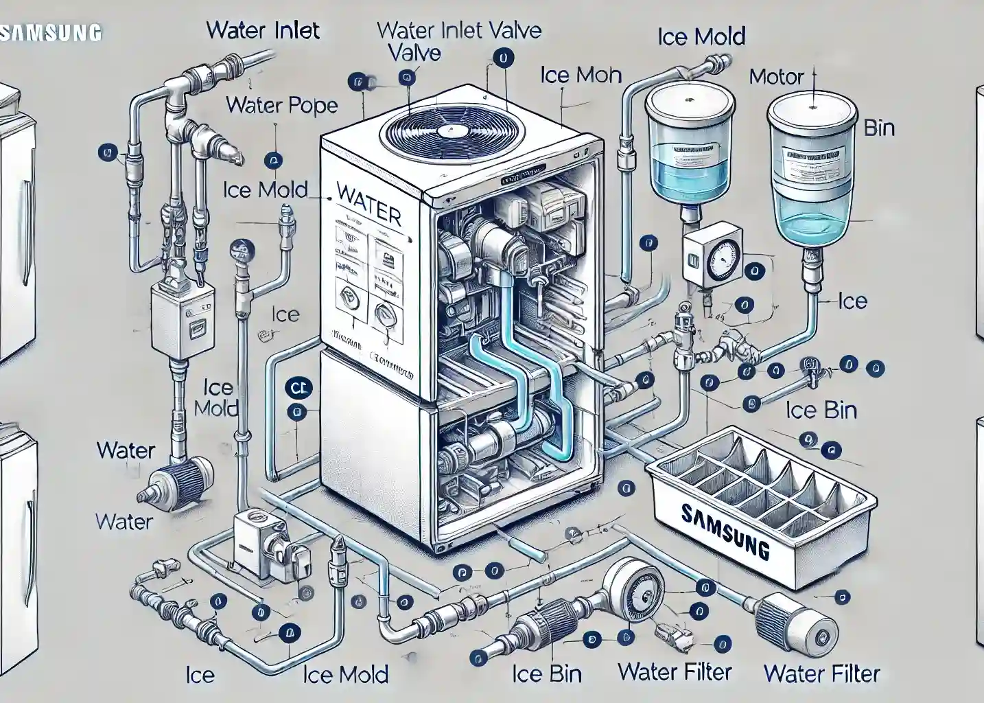 Diagrams of inlet valves, water lines and ice maker components