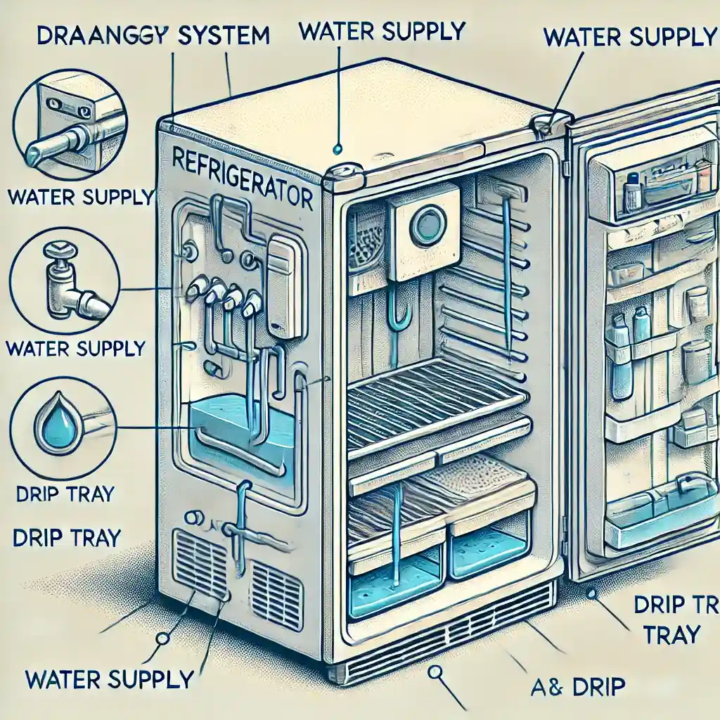 Diagram of the fridge showing the drainage system, water line, and drain pan.