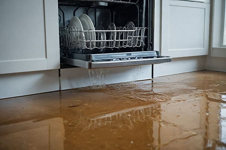 Water pooling beneath a dishwasher, indicating a potential leak